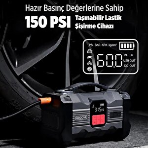 Groove Zk004 26800mah 4500a Akü Takviye Cihazı +lastik Şişirme Kompresörlü Taşınabilir Jump Starter (kompresör+powerbank+led Lamba