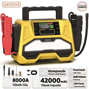 Groove F05 42000mah 8000a Akü Takviye Cihazı +lastik Şişirme Kompresörlü Taşınabilir Jump  Starter+pd 30w Hızlı Şarj (kompresör+po