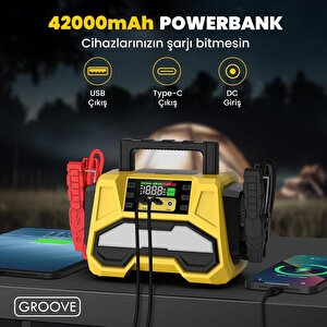 Groove F05 42000mah 8000a Akü Takviye Cihazı +lastik Şişirme Kompresörlü Taşınabilir Jump  Starter+pd 30w Hızlı Şarj (kompresör+po