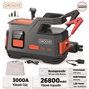 Groove Js006 26800mah 4500a Akü Takviye Cihazı +lastik Şişirme Kompresörlü Taşınabilir Jump Starter (kompresör+powerbank+led Lamba