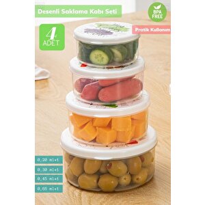 4’lü Desenli Saklabı Kabı Seti Erzak Kabı Buzdolabı Kabı Yuvarlak Bpa Free