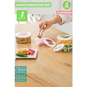 4’lü Desenli Saklabı Kabı Seti Erzak Kabı Buzdolabı Kabı Yuvarlak Bpa Free