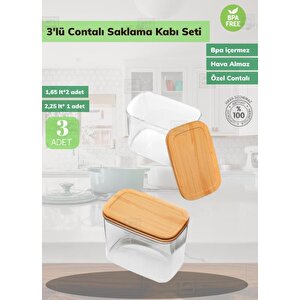 3’lü Bambu Contalı Saklama Kabı Seti Erzak Kabı Motek Saklama Kabı 2*1100 Ml / 2250 Ml