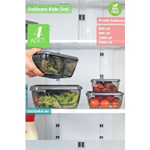 4’lü Kare Saklama Kabı Seti Erzak Kabı Buzdolabı Kabı Büyük Boy Bpa Free