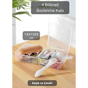 4 Bölmeli Beslenme Kutusu Kilitli Bpa Free Kaşık-çatallı Saklama Kabı Kare 14x13x9 Cm