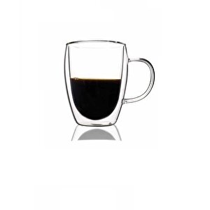 Çift Cidarlı 2 Li Cam Çay Kahve Fincanı-çift Cam Kulplu Kupa Fincan 350 Ml.12475