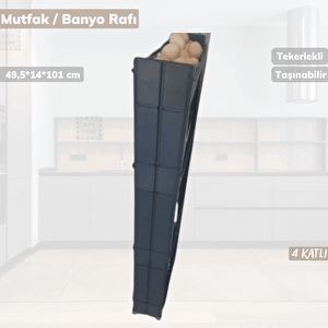 4 Katlı Mutfak Rafı Tekerlekli Organizer Dar Banyo Düzenleyici Motek Siyah Banyo Rafı