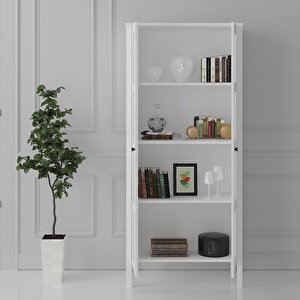 Venezia Cam Kapaklı  Ahşap Ayaklı Çok Amaçlı Dolap, Vitrin, Erzak Dolabı - Minifiks - Wood Beyaz