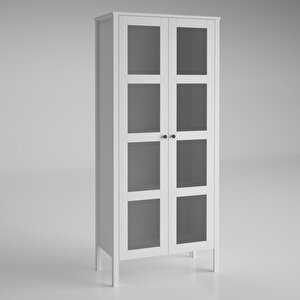 Venezia Cam Kapaklı  Ahşap Ayaklı Çok Amaçlı Dolap, Vitrin, Erzak Dolabı - Minifiks - Wood Beyaz