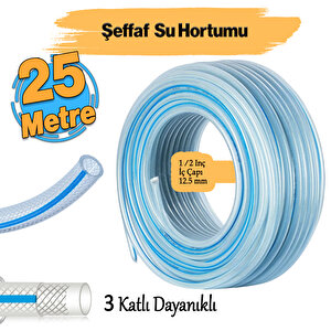 Örgülü Şeffaf Bahçe Hortumu 25 Metre Dayanıklı 3 Katlı Sağlam Çeşme Su Sulama Yıkama Hortum 12.5 Mm 1/2"
