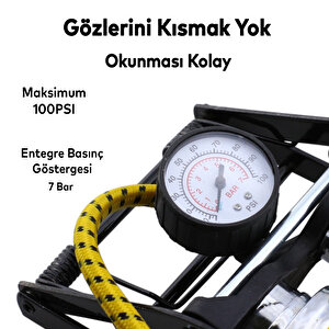 Ayak Tipi Kalın Pistonlu Hava Pompası Göstergeli Çift Hava Depolu Teker Araç Bisiklet Top Pompası