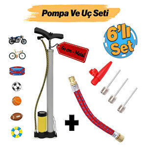 Metal El Tipi Göstergeli Bisiklet Pompası Ve Pompa Ucu Seti Ayak Tutamaklı Top Teker Şambrel Şişirme