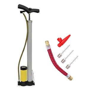 Metal El Tipi Göstergeli Bisiklet Pompası Ve Pompa Ucu Seti Ayak Tutamaklı Top Teker Şambrel Şişirme