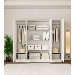 4 Kapaklı Tamamen Mdf 8 Bölmeli̇ Çi̇ft Askılıklı Beyaz Dolap-Gardorap