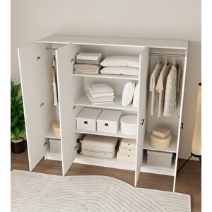 4 Kapaklı Tamamen Mdf 8 Bölmeli̇ Çi̇ft Askılıklı Beyaz Dolap-Gardorap