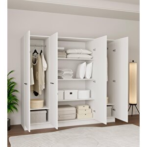 4 Kapaklı Tamamen Mdf 8 Bölmeli̇ Çi̇ft Askılıklı Beyaz Dolap-Gardorap