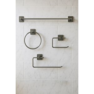 Yapışkanlı Krom 4’lü Banyo & Mutfak Havluluk Seti – Wc Kağıtlık, Rulo, Çember & Uzun Havlu Askısı