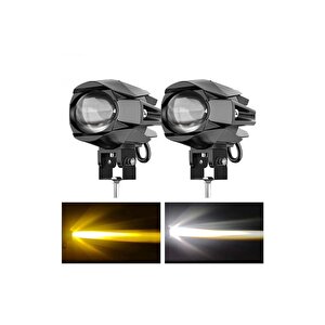 2 Adet Motosiklet Led Lazer Sis Farı  Delici Modifiye Beyaz Sarı Çift Renk 12-80 Volt
