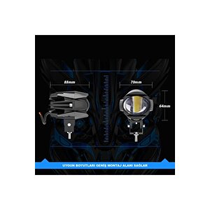 2 Adet Motosiklet Led Lazer Sis Farı  Delici Modifiye Beyaz Sarı Çift Renk 12-80 Volt