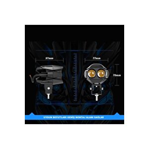 2 Adet Motosiklet Çift Göz Led Lazer Sis Farı  Delici Beyaz Sarı Çift Renk 12-80 Volt