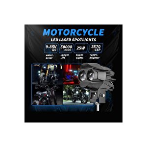 2 Adet Motosiklet Çift Göz Led Lazer Sis Farı  Delici Beyaz Sarı Çift Renk 12-80 Volt