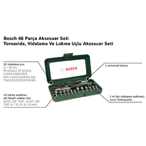 Bosch Darbeli Matkap 600 Watt 13mm + 46 Parça Vidalama Ucu Lokma Ucu Cırcır Tornavida Seti Cırcırlı