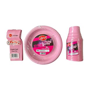 Piknik Davet Doğum Günü Omeyva Sofra Seti - 25 Kişilik Pembe Tabak Bardak Çatal Takımı