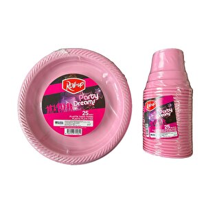 Piknik Davet Doğum Günü Omeyva Sofra Seti - 25 Kişilik Pembe Tabak Bardak Çatal Takımı