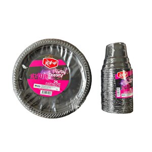 Ofis Catering Piknik Davet Doğum Günü Omeyva Sofra Seti - 25 Kişilik Siyah Tabak Bardak Takımı