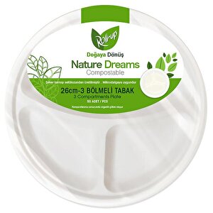 Roll-up Nature Ekolojik Karton Kağıt Tek Kullanımlık 3 Bölmeli Tabak - 26 Cm. - 50 Adetlik 5 Paket