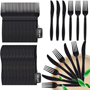 Plastik Siyah Çatal Bıçak Seti Takımı- 50 Ad. Çatal + 50 Adet Bıçak - 18 Cm.