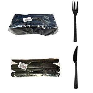 Plastik Siyah Çatal Bıçak Seti Takımı- 50 Ad. Çatal + 50 Adet Bıçak - 18 Cm.