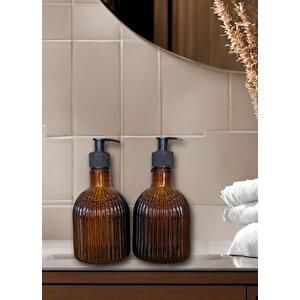 2’li Desenli Cam Sıvı Sabunluk Seti 350 Ml Anber Kahve Şık Ve Estetik 17x8,5 Cm