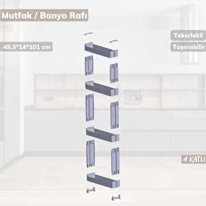 Tekerlekli Raf 4 Katlı Dar Yer Organizeri Beyaz