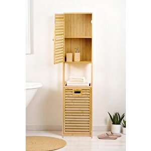 Bambu Kirli Sepetli 1 Raflı Kapaklı Banyo Dolabı Banyo Düzenleyici Çamaşır Sepeti Organizer Db-0010
