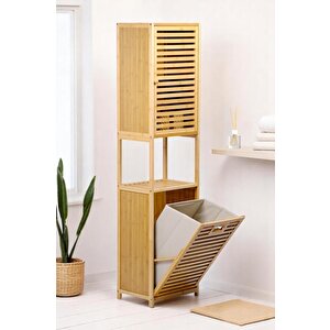 Bambu Kirli Sepetli 1 Raflı Kapaklı Banyo Dolabı Banyo Düzenleyici Çamaşır Sepeti Organizer Db-0010
