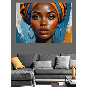 Mavi Şapkalı Etnik Kadın Dekoratif Kanvas - Mdf Ahşap Tablo 100x140 cm