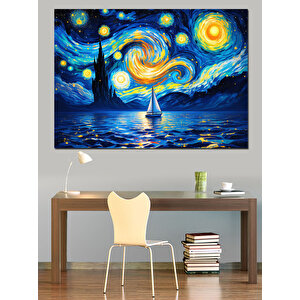 Yıldızlı Gece Ve Yelkenli Dekoratif Kanvas - Mdf Ahşap Tablo 100x140 cm