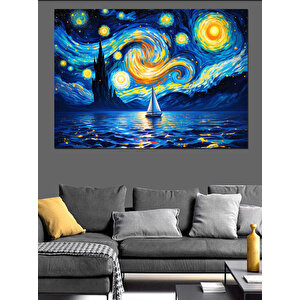 Yıldızlı Gece Ve Yelkenli Dekoratif Kanvas - Mdf Ahşap Tablo 100x140 cm