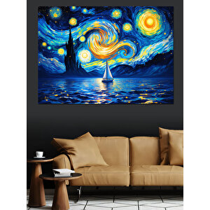 Yıldızlı Gece Ve Yelkenli Dekoratif Kanvas - Mdf Ahşap Tablo
