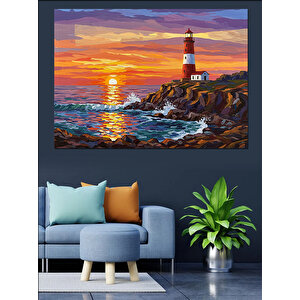 Kıyıda Günbatımı Feneri Dekoratif Kanvas - Mdf Ahşap Tablo 100x140 cm