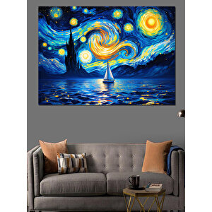 Yıldızlı Gece Ve Yelkenli Dekoratif Kanvas - Mdf Ahşap Tablo 35x50 cm