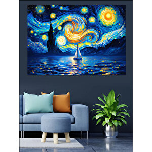 Yıldızlı Gece Ve Yelkenli Dekoratif Kanvas - Mdf Ahşap Tablo