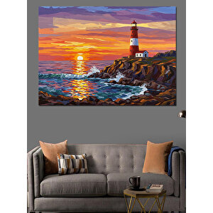Kıyıda Günbatımı Feneri Dekoratif Kanvas - Mdf Ahşap Tablo 35x50 cm