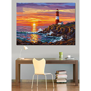 Kıyıda Günbatımı Feneri Dekoratif Kanvas - Mdf Ahşap Tablo