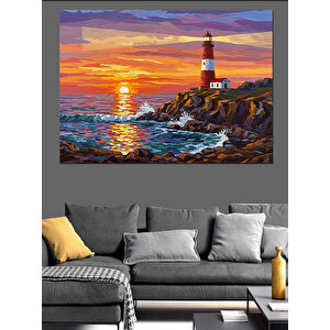 Kıyıda Günbatımı Feneri Dekoratif Kanvas - Mdf Ahşap Tablo