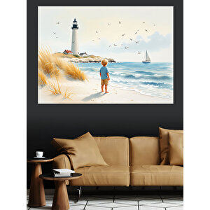 Deniz Feneri Ve Sahil Çocuk Dekoratif Kanvas - Mdf Ahşap Tablo 70x100 cm