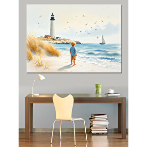 Deniz Feneri Ve Sahil Çocuk Dekoratif Kanvas - Mdf Ahşap Tablo 100x140 cm