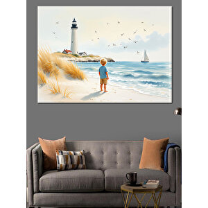 Deniz Feneri Ve Sahil Çocuk Dekoratif Kanvas - Mdf Ahşap Tablo