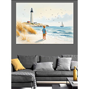 Deniz Feneri Ve Sahil Çocuk Dekoratif Kanvas - Mdf Ahşap Tablo 35x50 cm